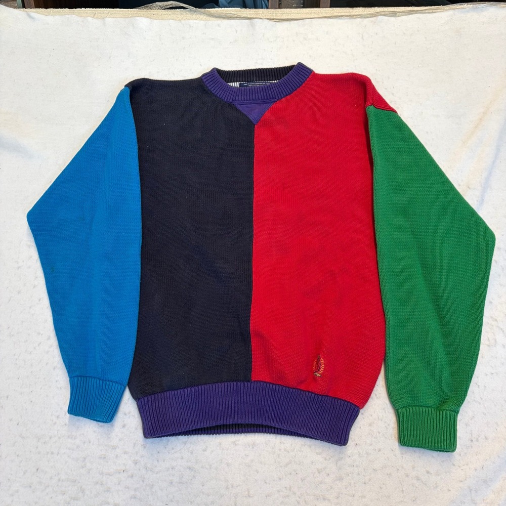 VTG Tommy Hilfiger Sweater Medium Multicolor Colorblock Cotton Knit Crewneck